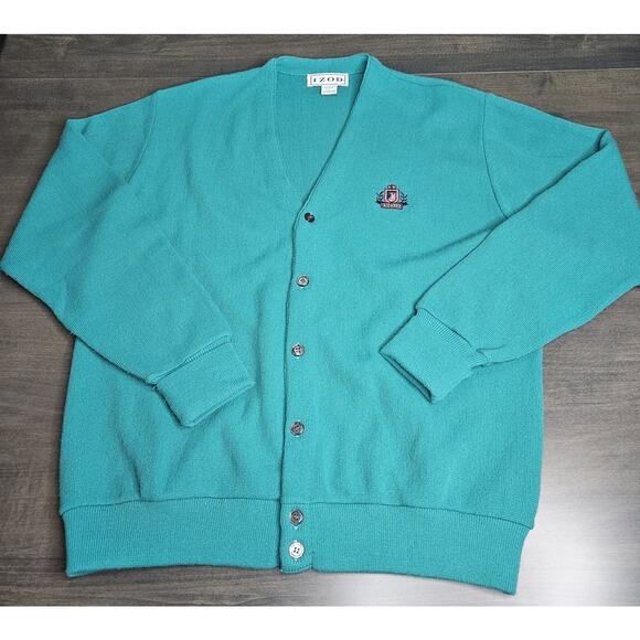 Vintage Izod Cardigan Sweater Men's Large Teal Acrylic Button Up 80s Golf - Picture 1 of 4